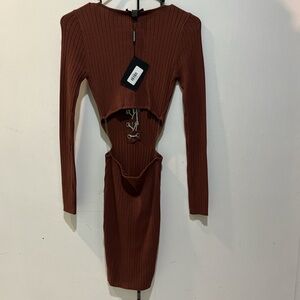 Elegant Brown Ribbed Dress